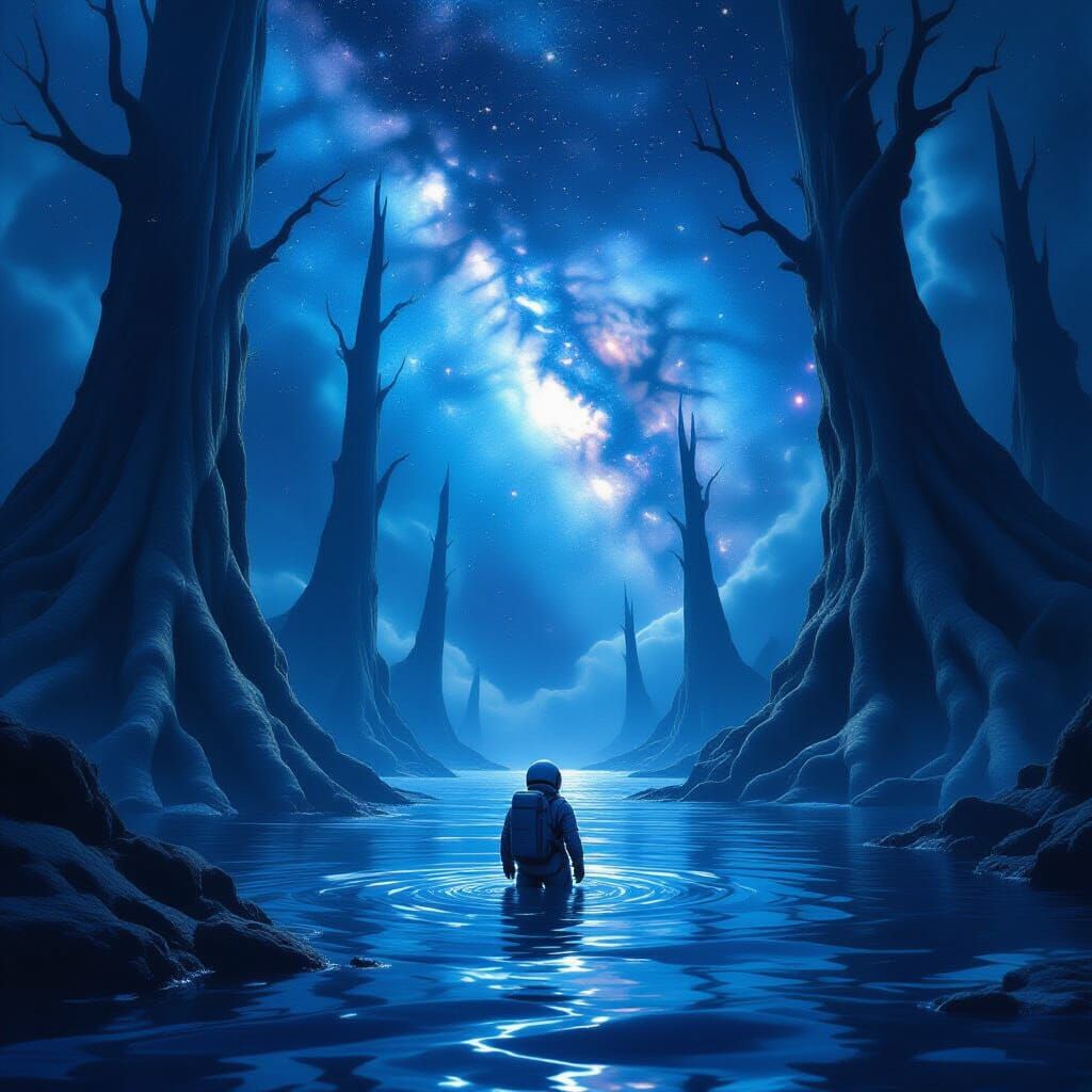Astronaut Lost in Cosmic Ocean with Petrified Trees