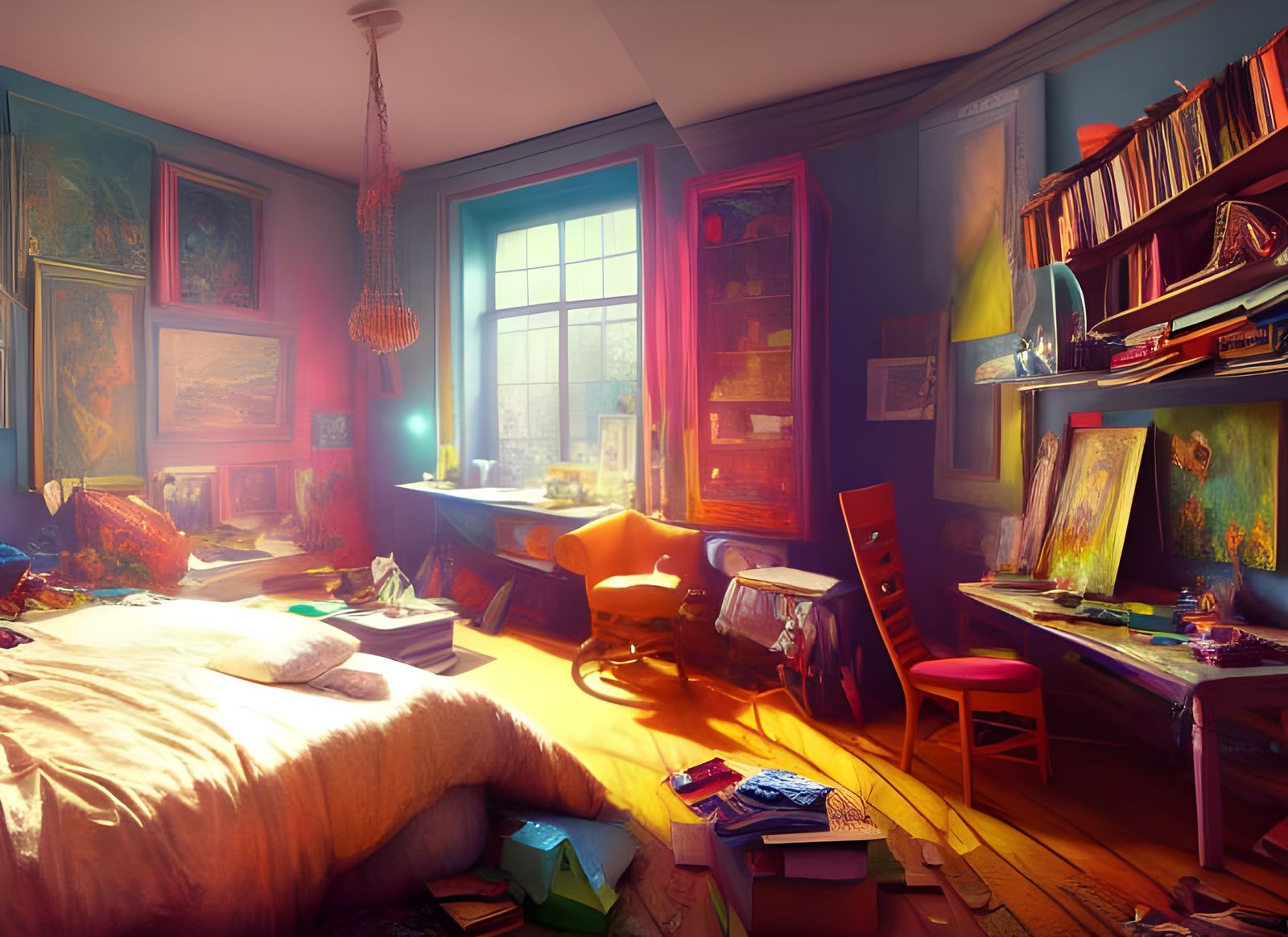 Inside untidy artist bedroom