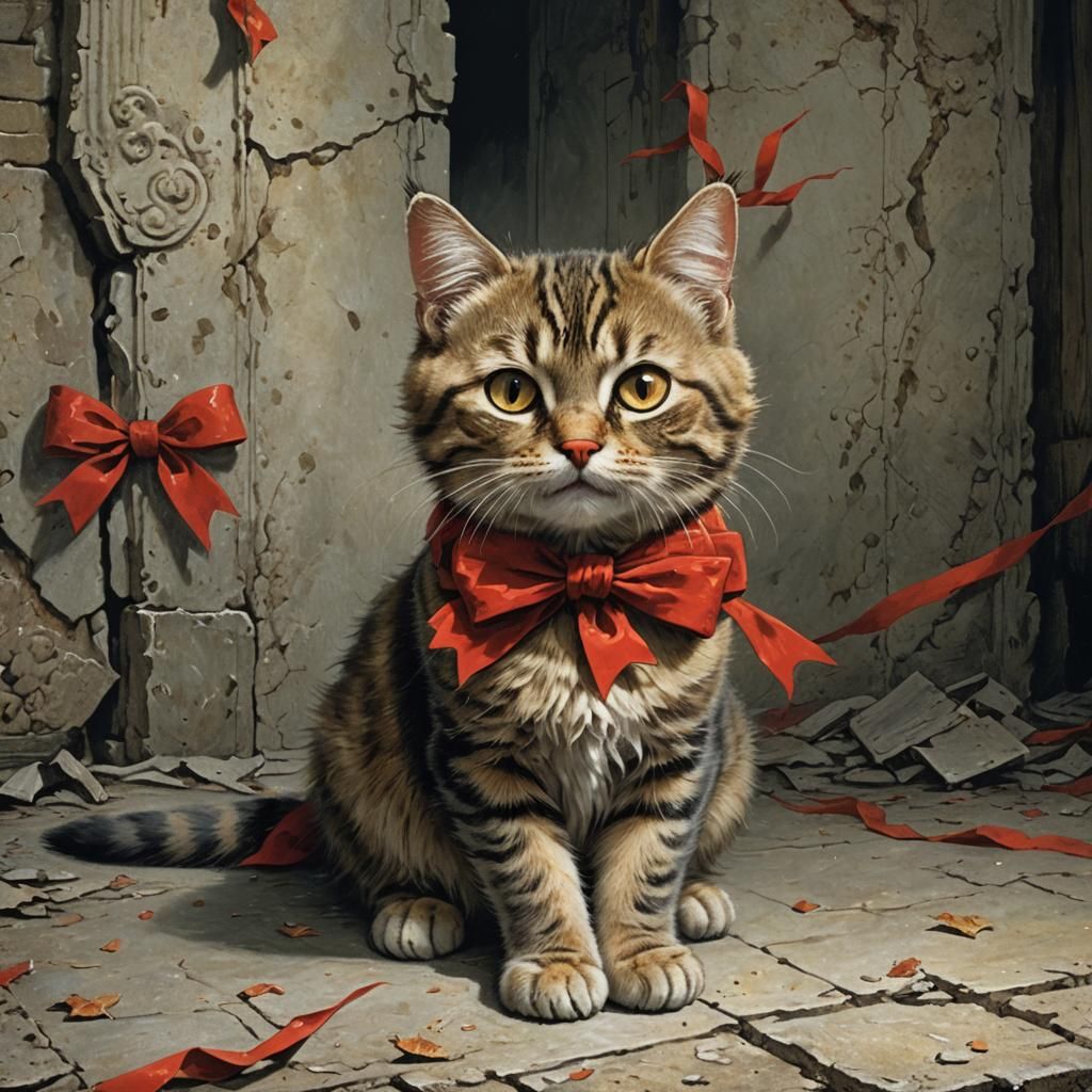 Cat with Red Bow in Horror Style