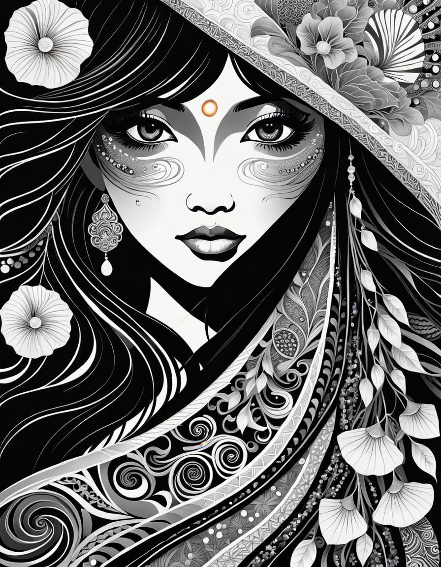 Asian Woman in Black and White Vector Zentangle