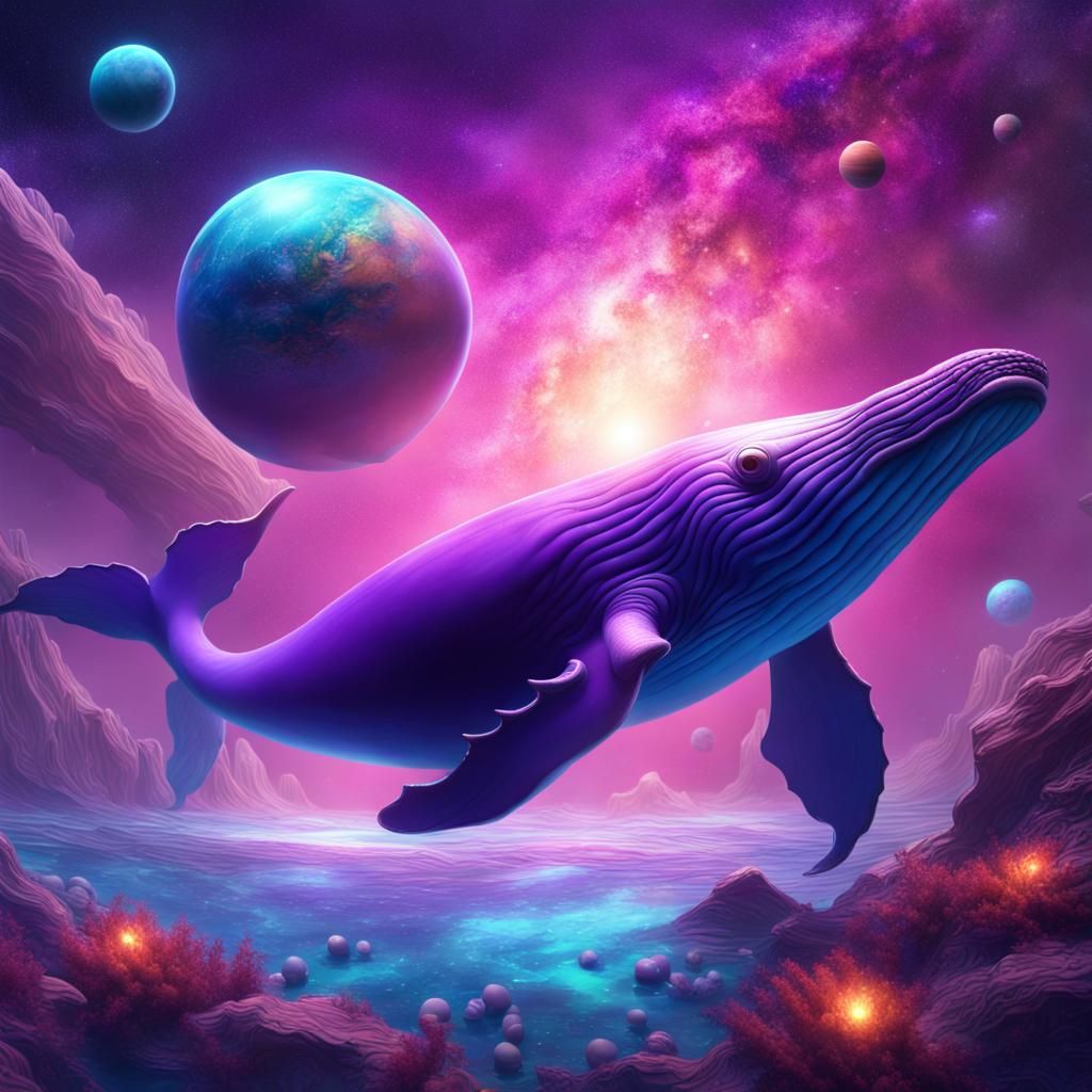 Purple Whale Swims Galaxy: Detailed Matte Painting