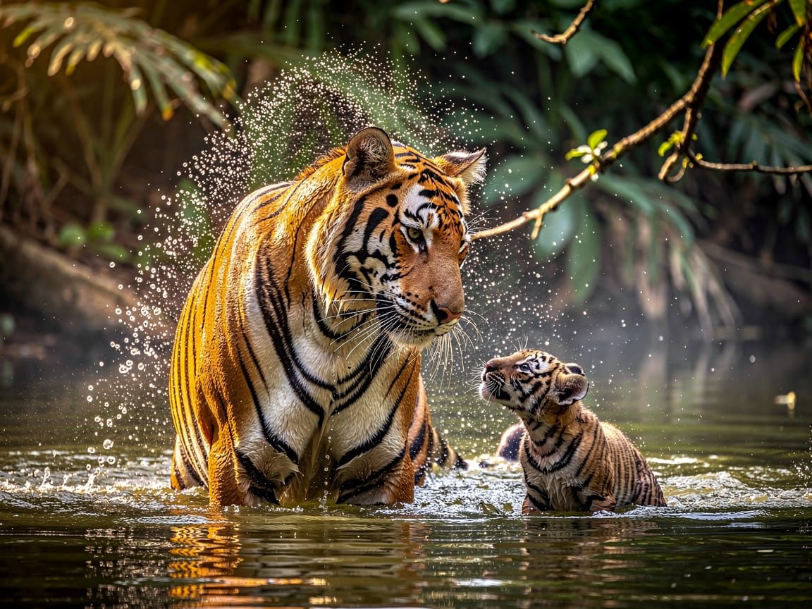 Bengal Tiger Mother and Cub Emerge from Jungle Lake