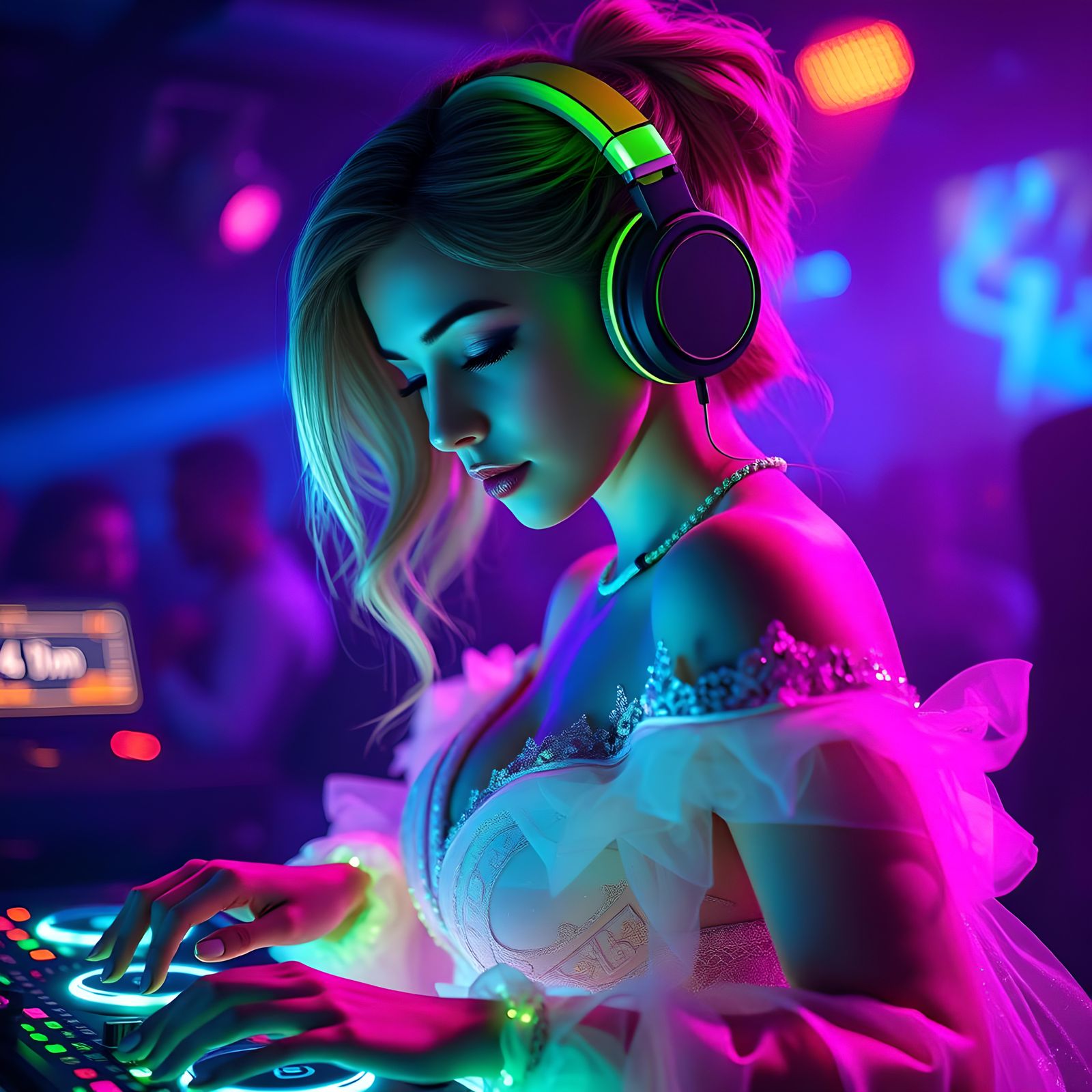 Female DJ in Neon Gown: Fantasy Concept Art