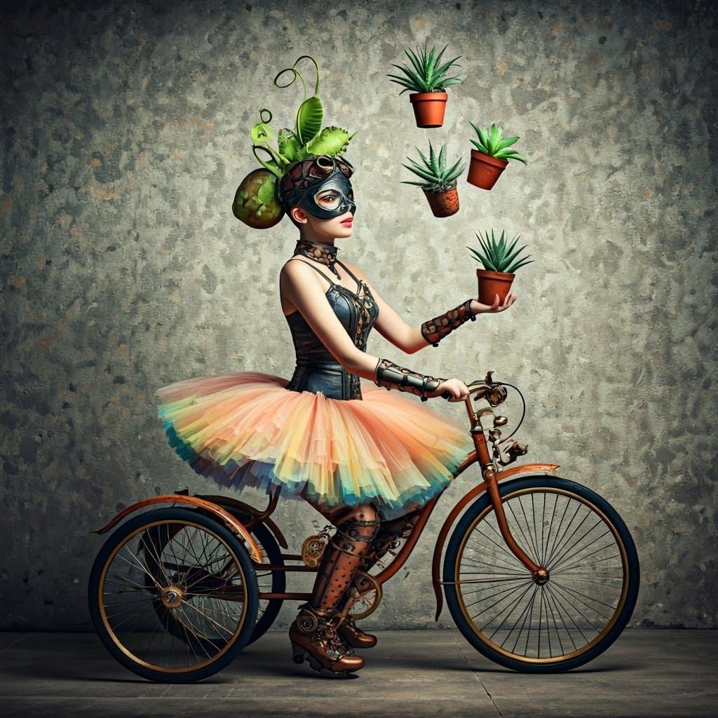 Steampunk Venus Girl on Tricycle Juggling Plants
