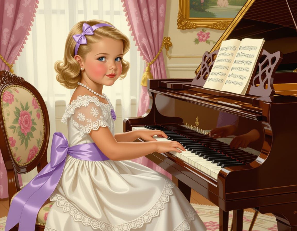 Elegant Girl Plays Piano in Vintage Pin-Up Style