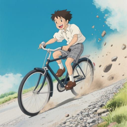 Boy's Joyful Bicycle Ride in Ghibli Style
