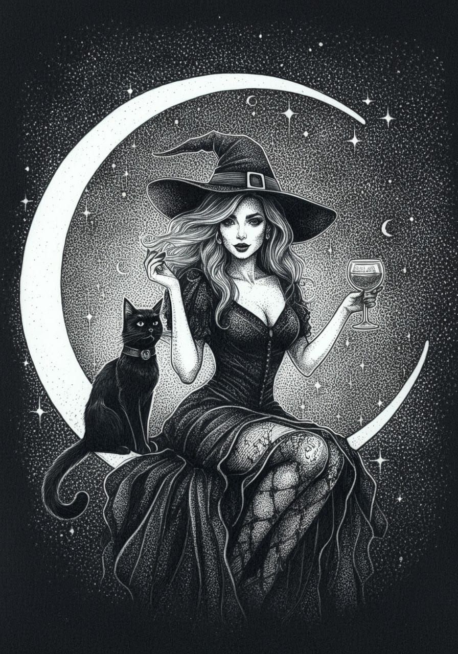 Mystical Witch on Moon in Pointillism Ink Sketch