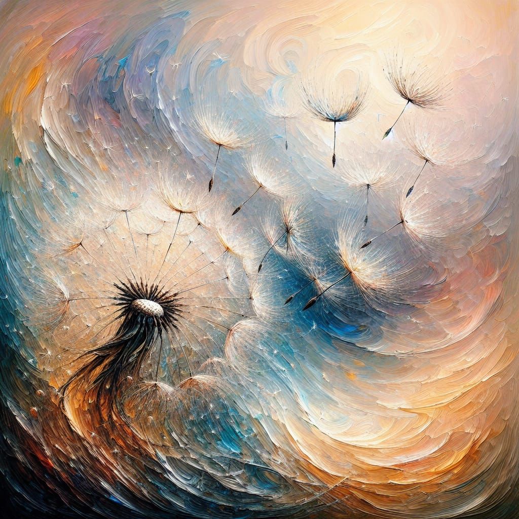 abstract impressionism of dandelion seeds floating in the air