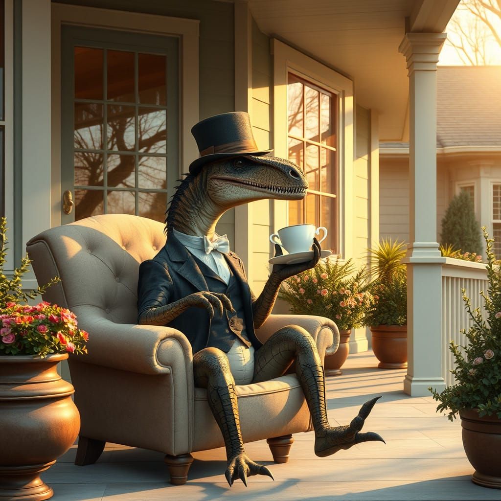 Velociraptor in Whimsical Tea Setting