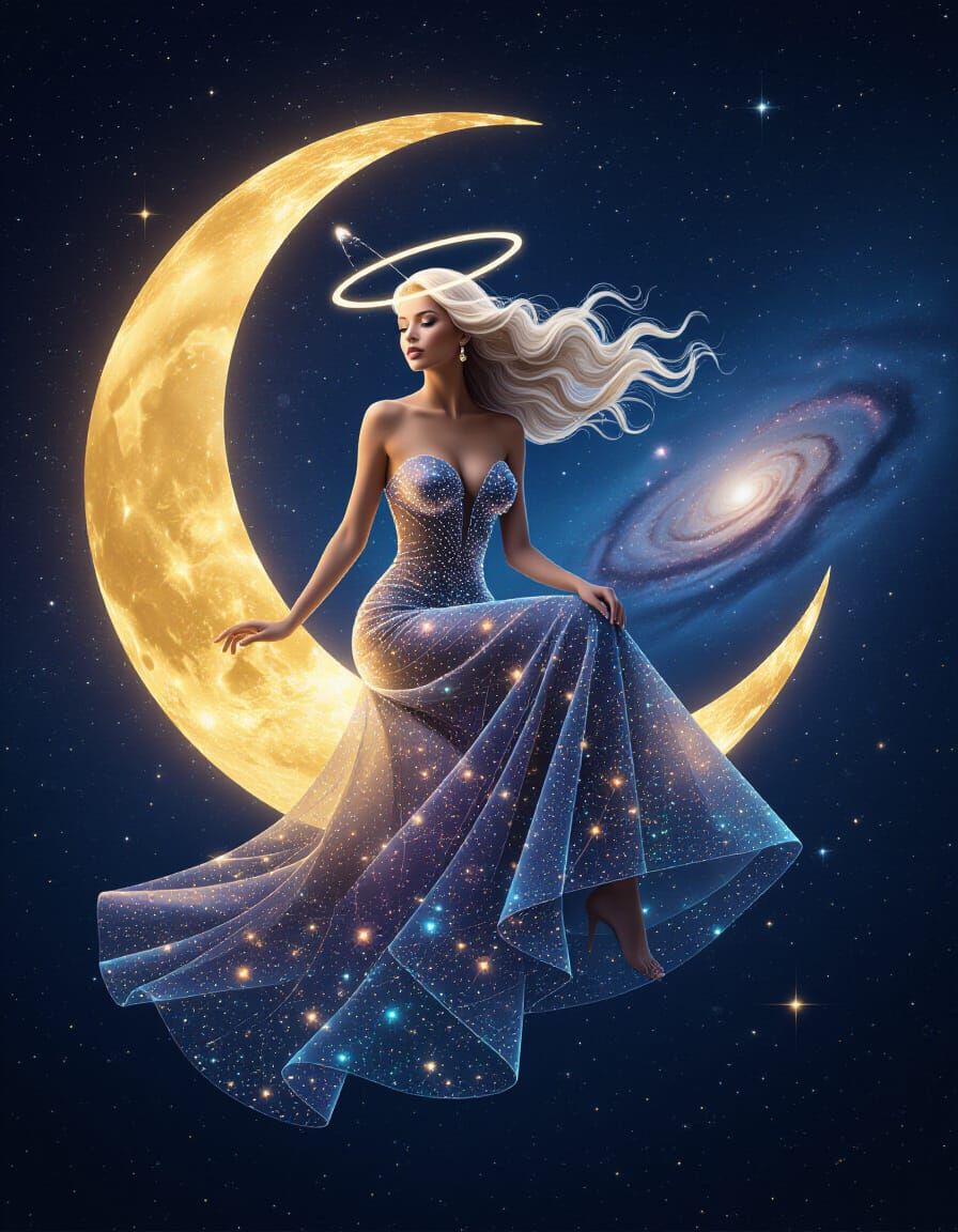 Woman in Quantum Light Dress on Moon