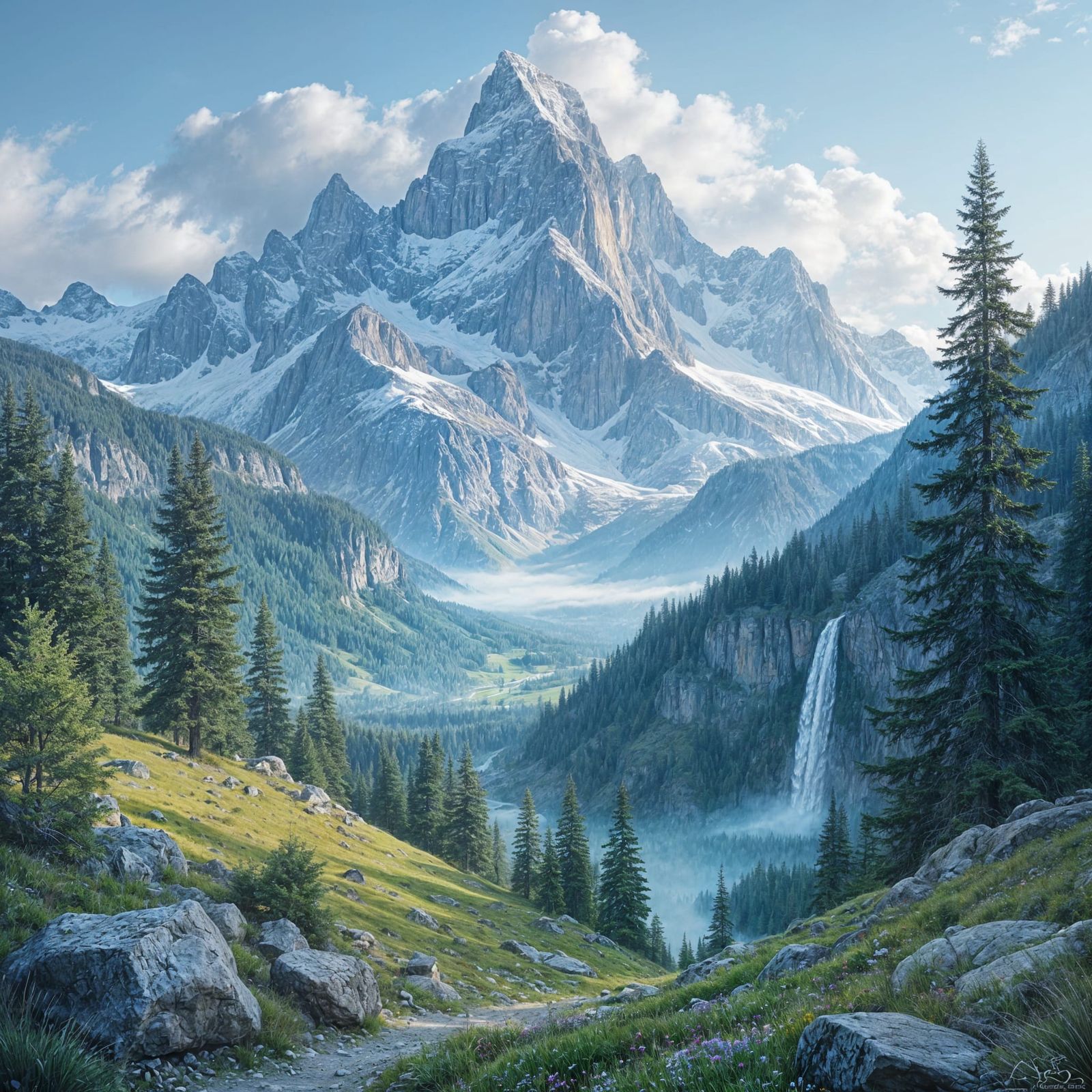 Epic Watercolor Mountain Landscape in Fantasy Land