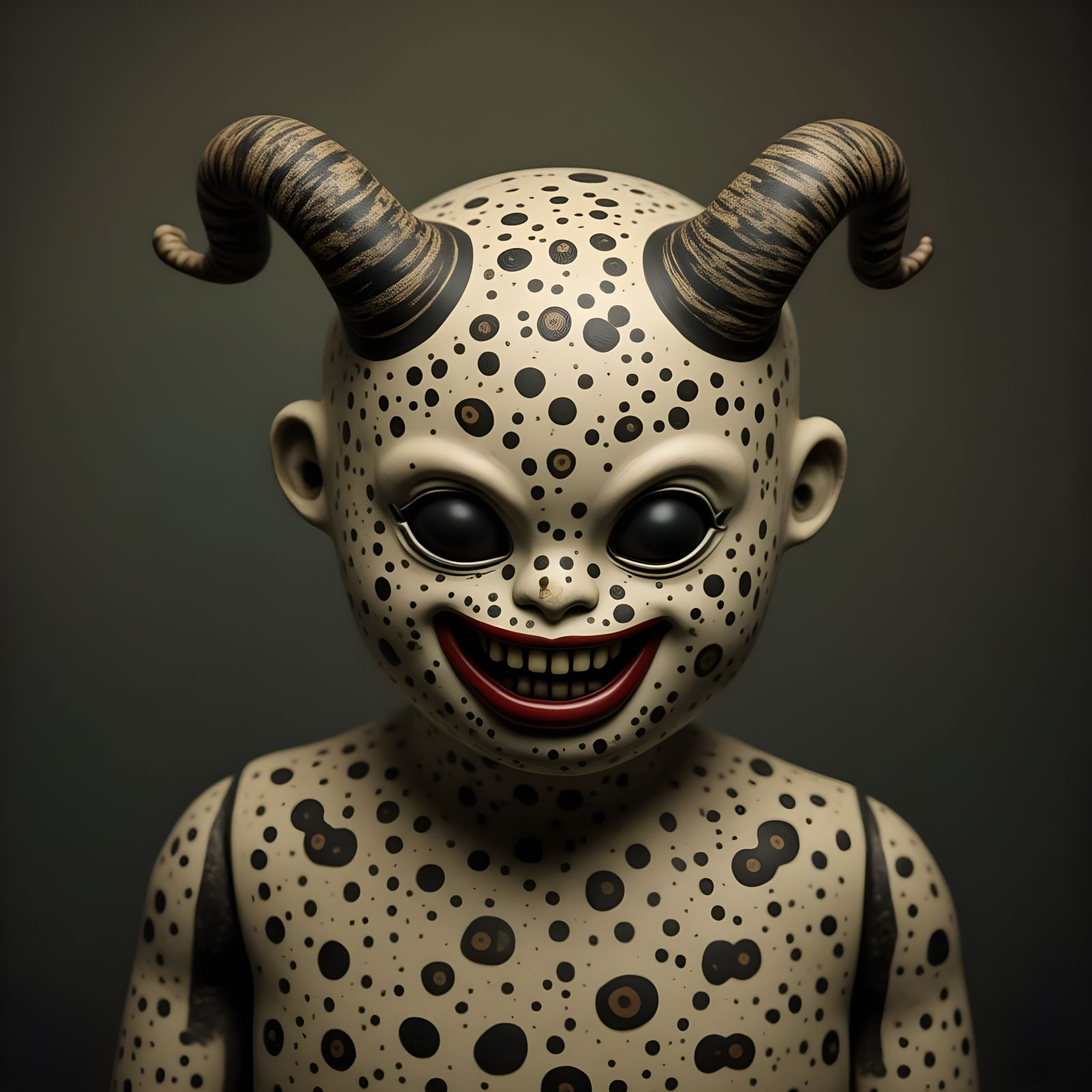 Surreal Doll Portrays Evil Smirk with Long Horns