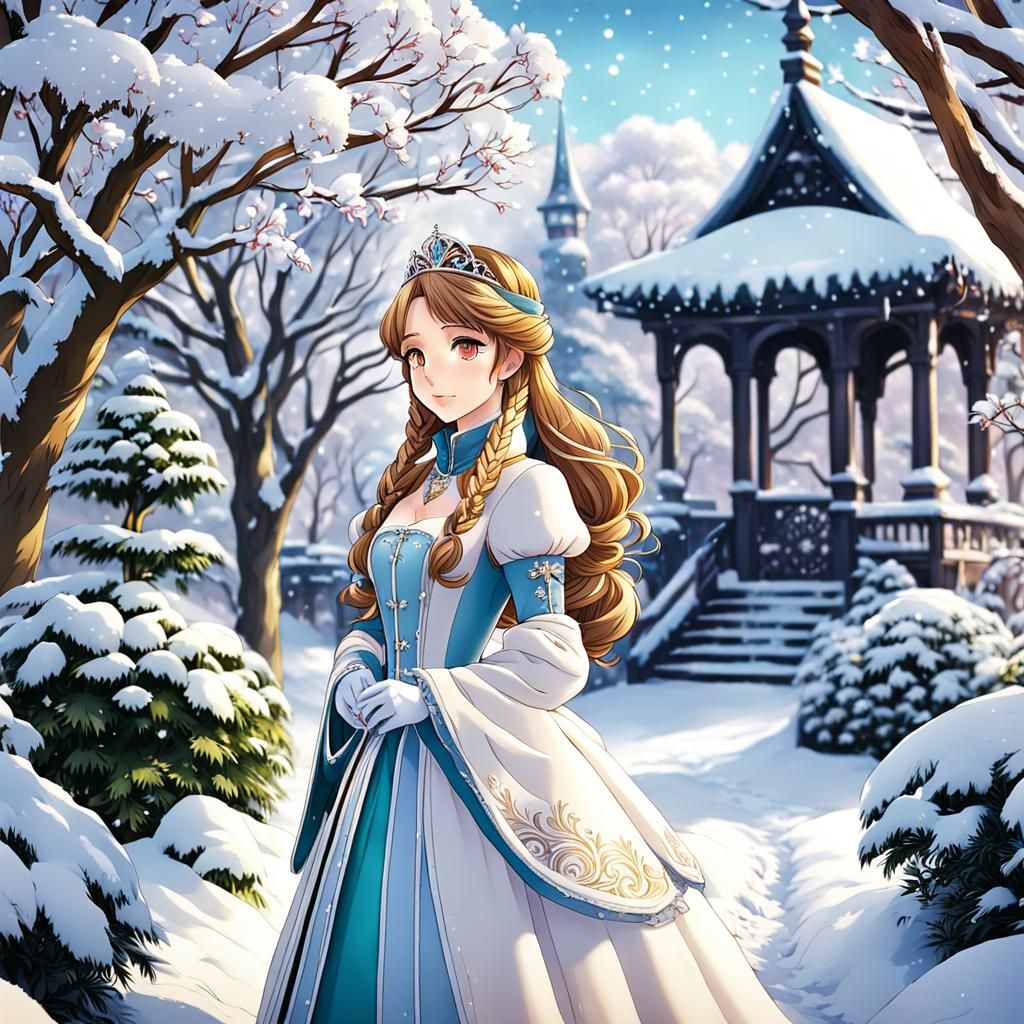 Anime Princess in Snowy Winter Garden