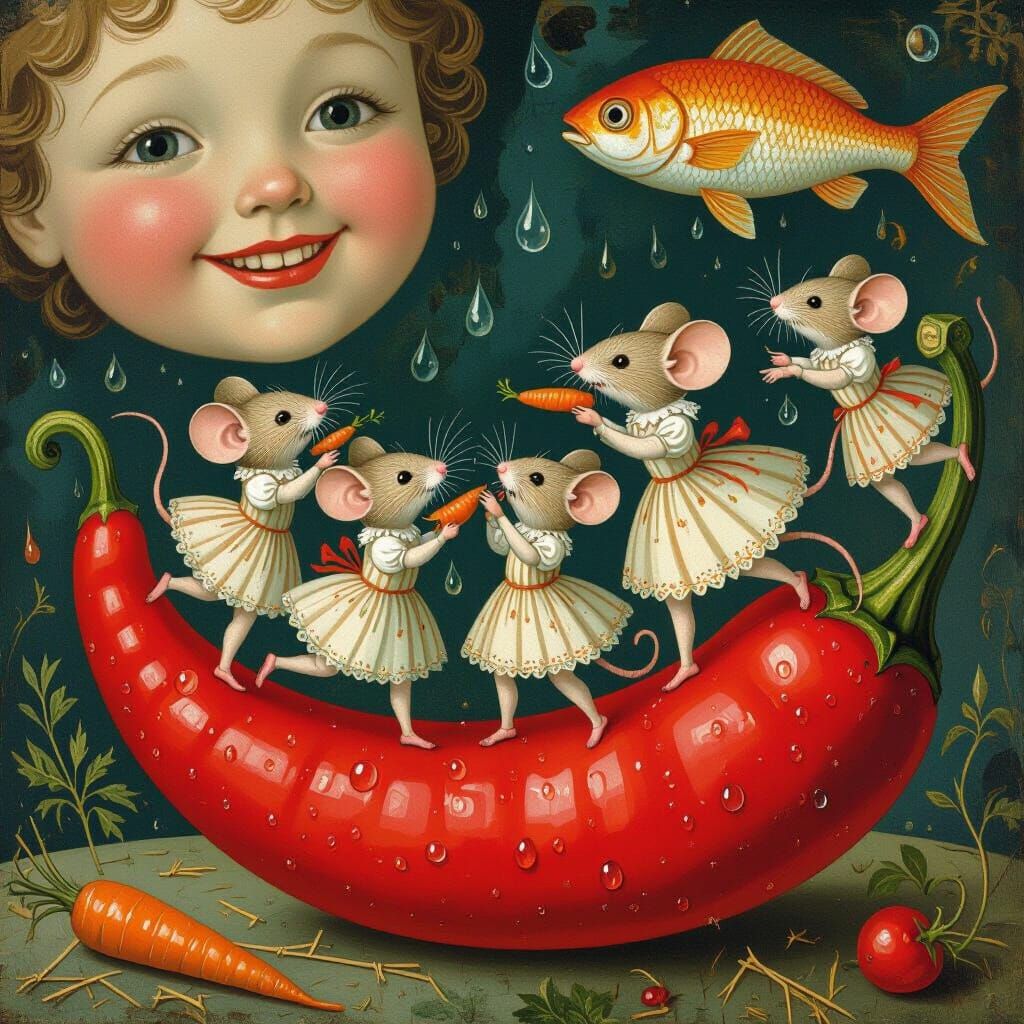 Whimsical Dürer Abstract: Dancing Mice Eat Carrot on Giant P...