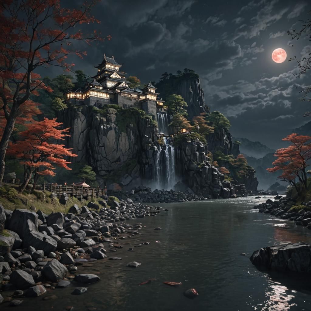 Hyperrealistic Japanese Landscape with Red Moon