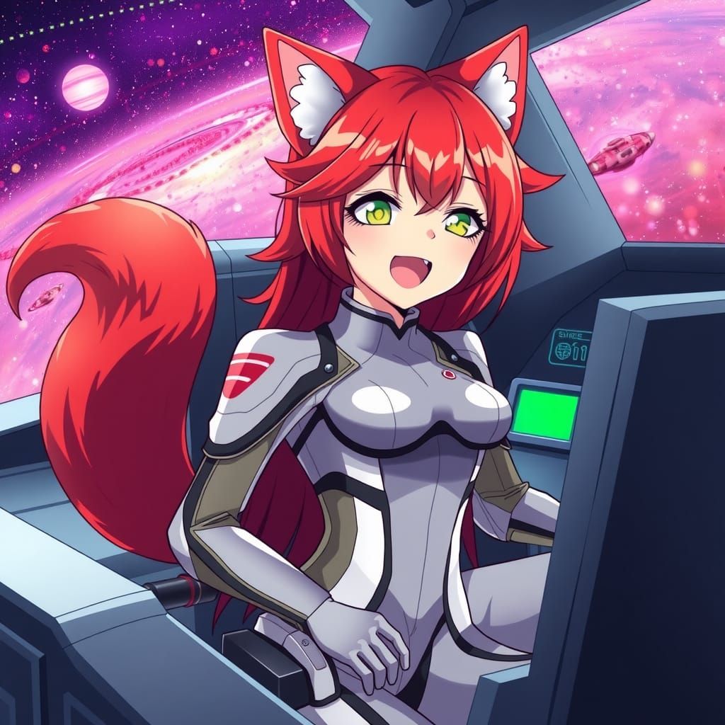 Anime Alien Pilot with Feline Features in Space