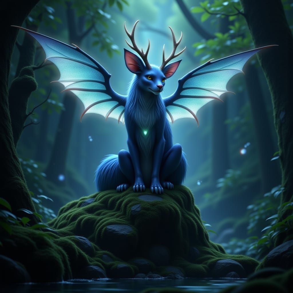 Mystical Feline With Antlers and Webbed Wings