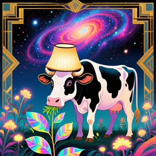 Art deco illustration. A whimsical cow with a lampshade for ...