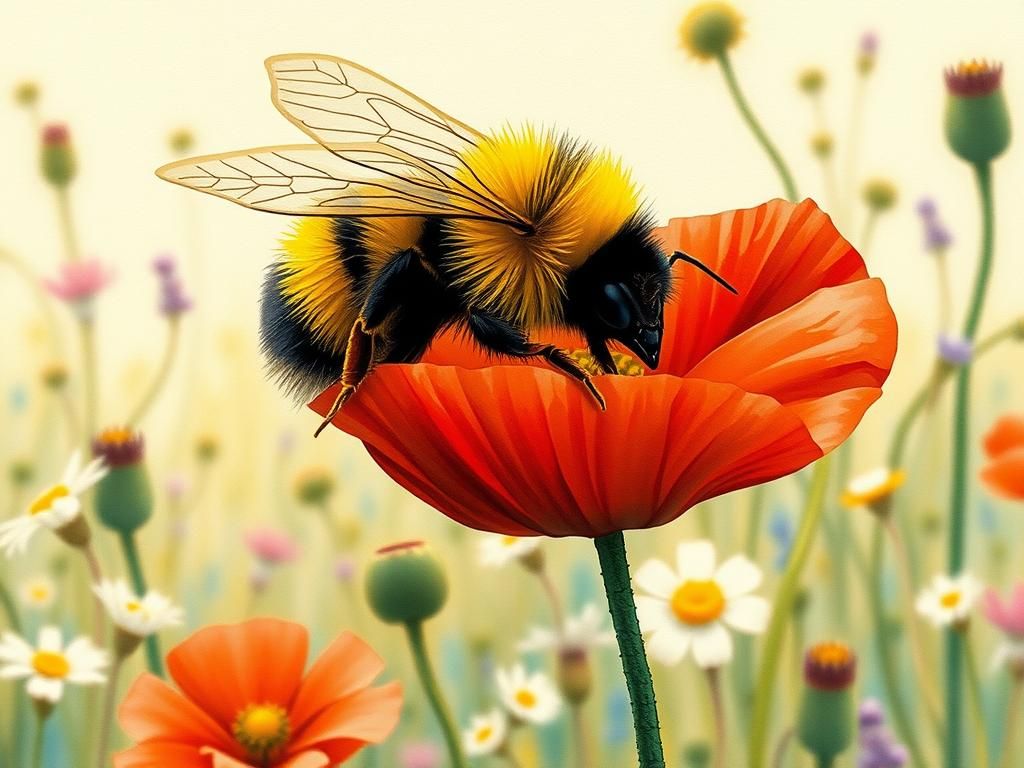 Bumblebee Dancing on Poppy, Botanical Art