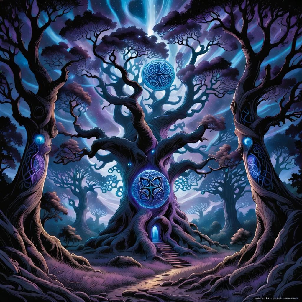 Enchanted Bioluminescent Forest Under Cosmic Sky