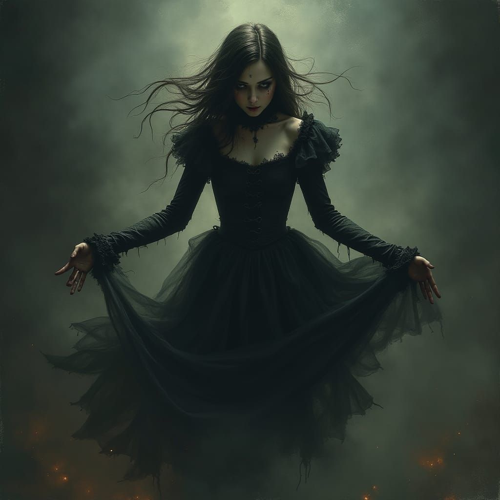 Eerie Ghost Girl in Victorian Dress, Mystical Art