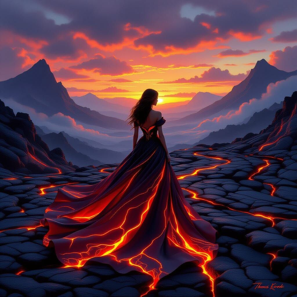 Woman in Lava Gown with Sunset Landscape