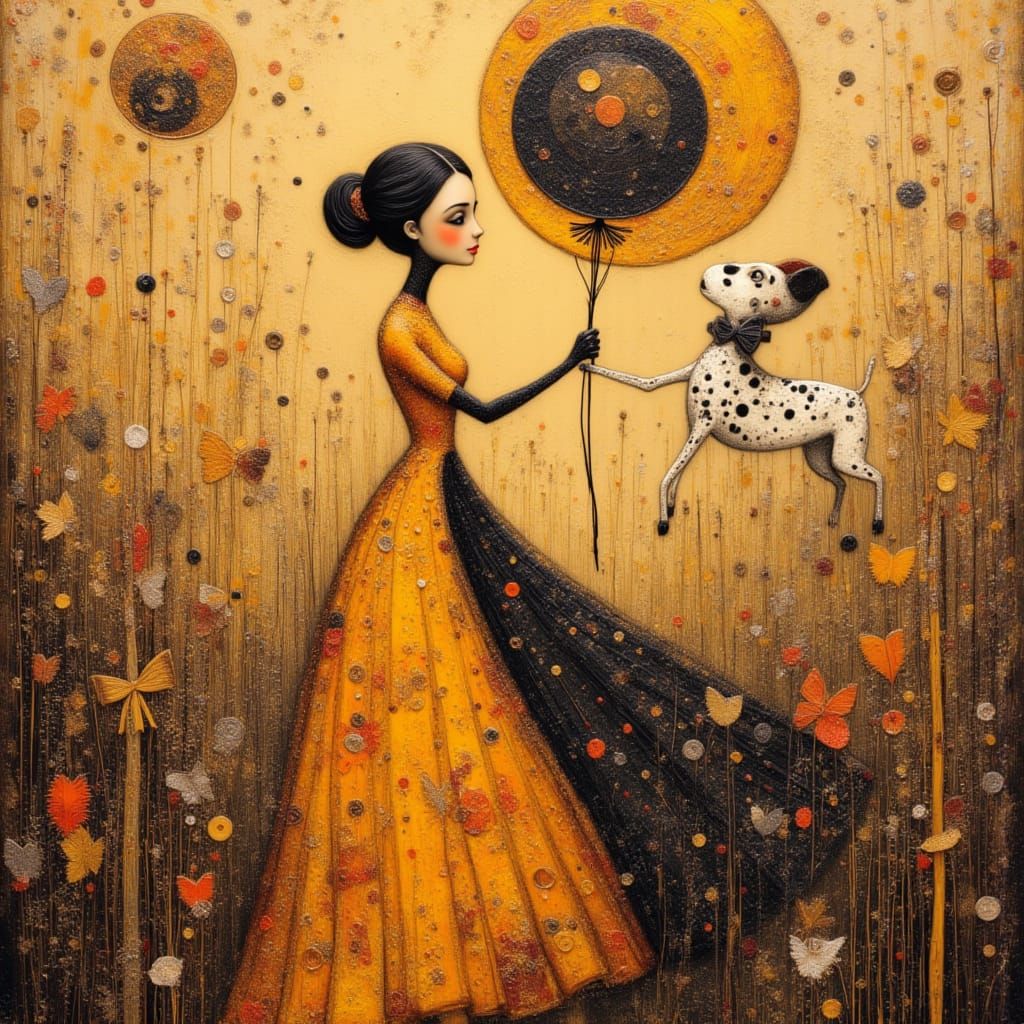 Android Robot with Dalmatian Puppy in Polka Dot World