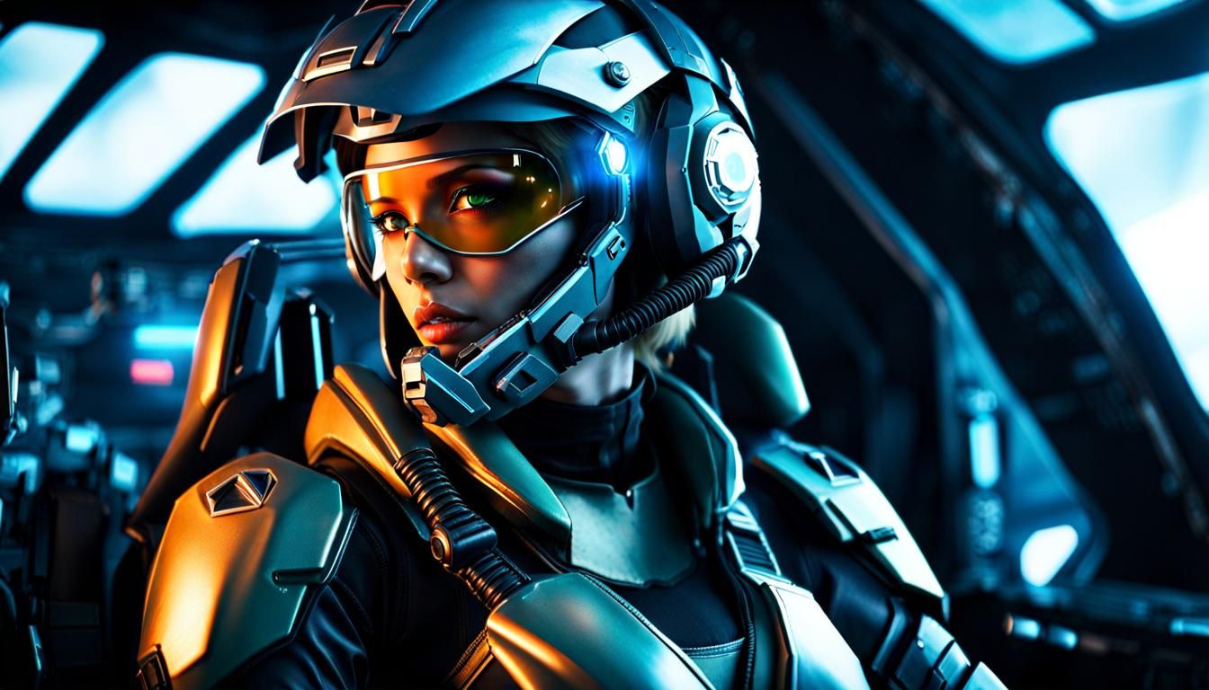 Cyberpunk Cyborg Pilot in Aerial Battle