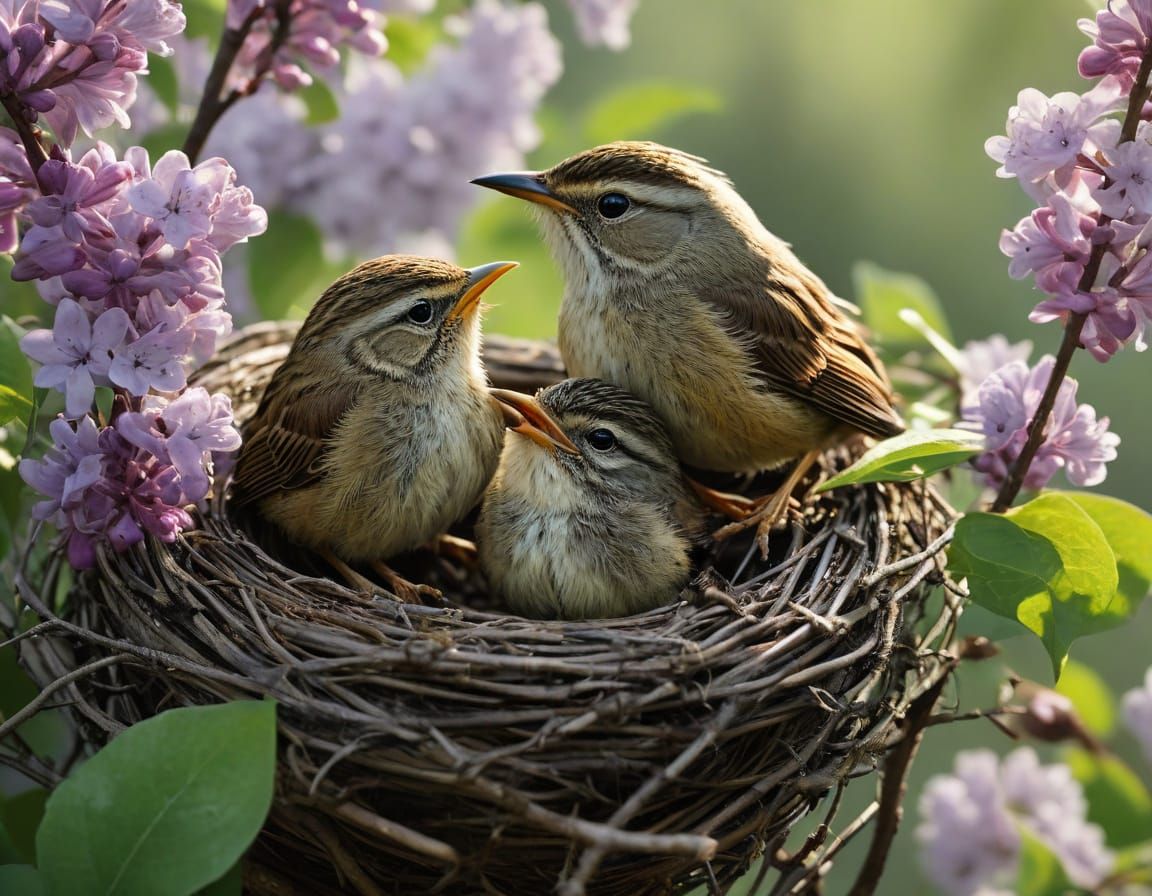 Mother Wren Cares for Her Chicks Amidst Vibrant Lilac Blooms