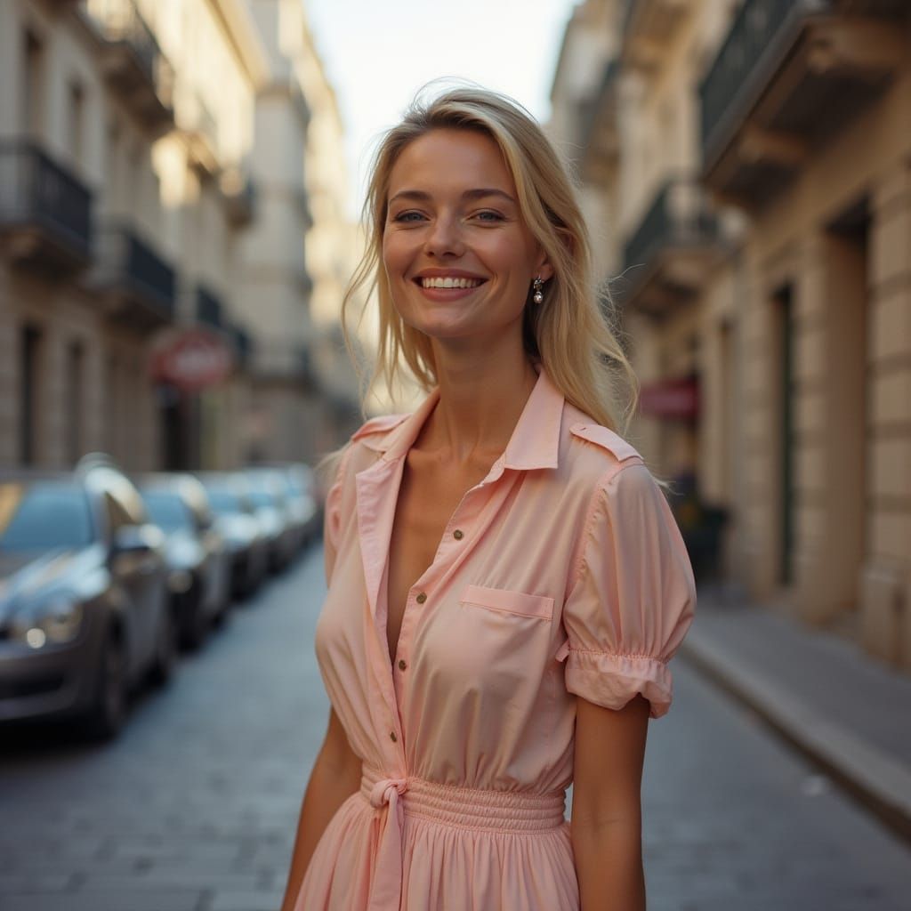 Elegant Woman in City Street, Hyperrealistic Style