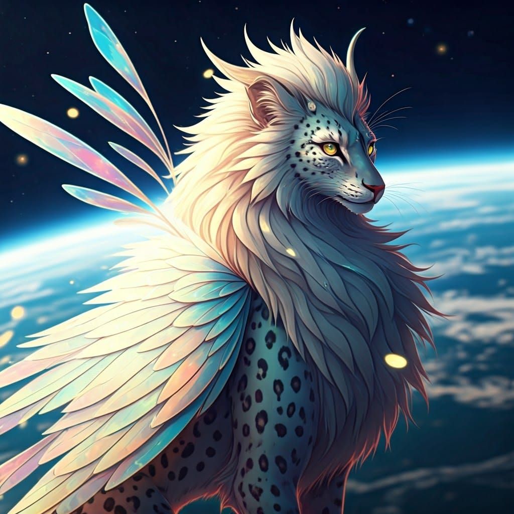 Majestic Iridescent Hybrid Creature in Anime Style
