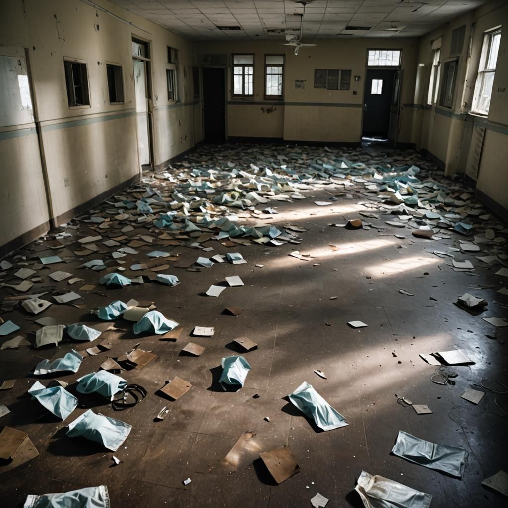 Dystopian Abandoned Hospital Floor with Surgical Masks
