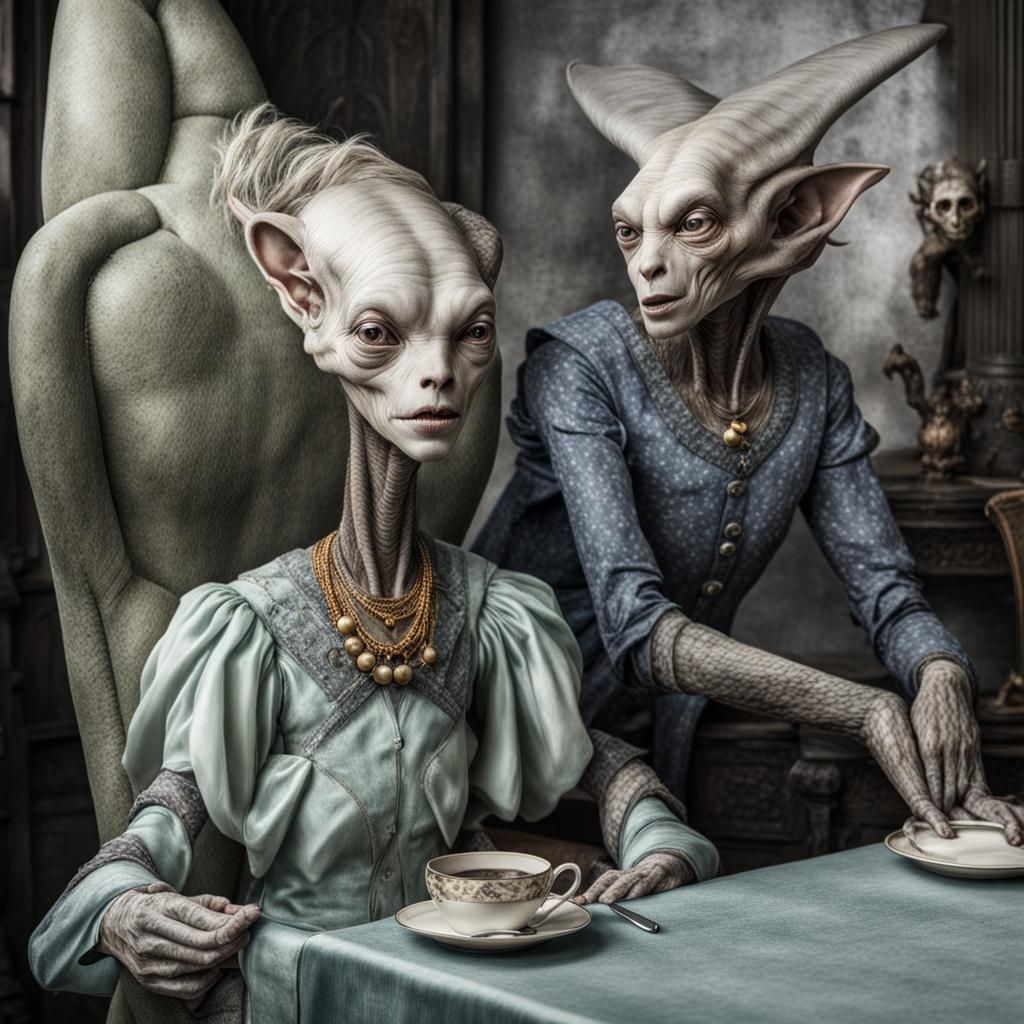 Surreal Alien Restaurant Celebration in Gritty Detail