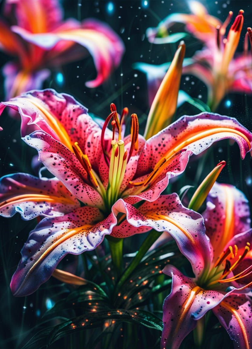 Neon Stargazer Lilies in Hyper-Realistic Digital Illustratio...