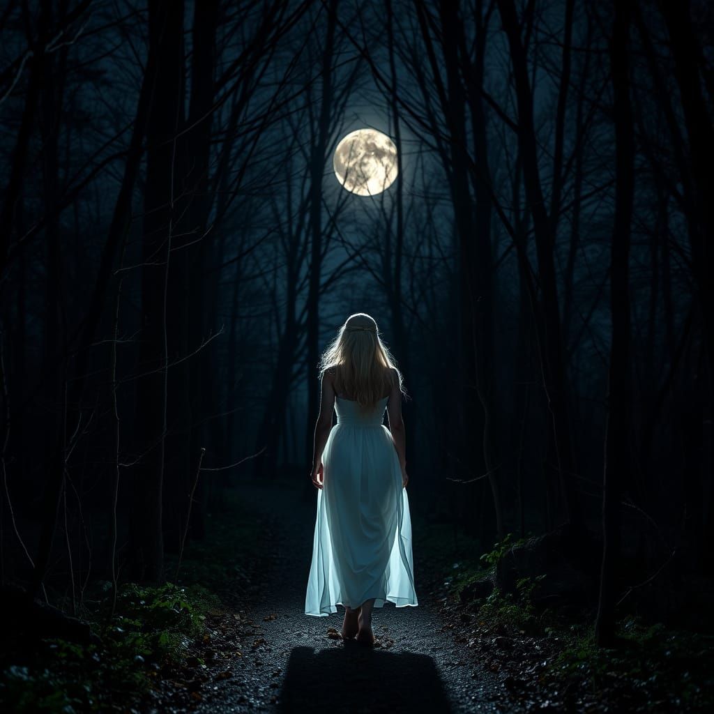 Frightened Girl in Forest by Moonlight: Professional Photogr...