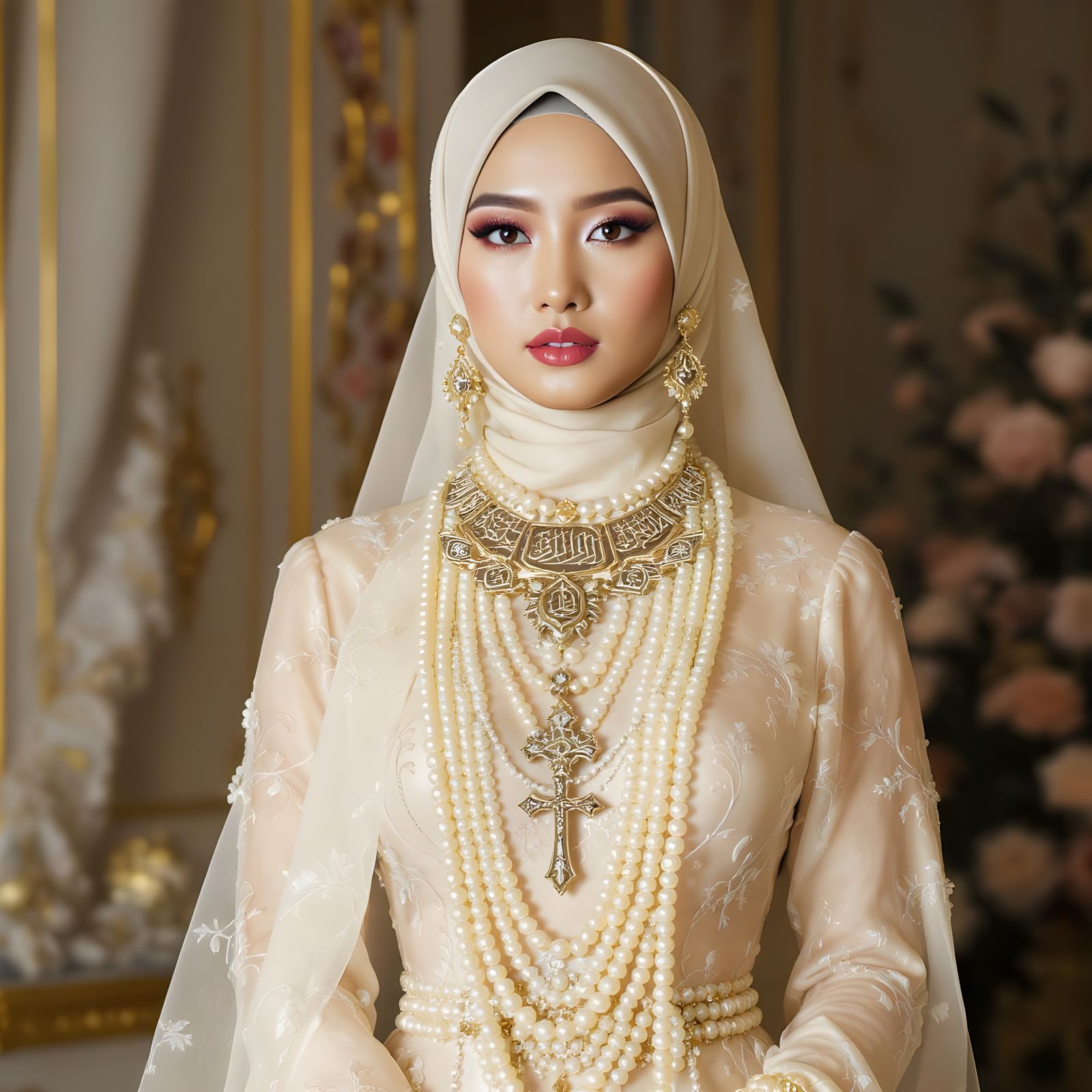 Elegant Asian Woman with Pearls and Eclectic Accessories