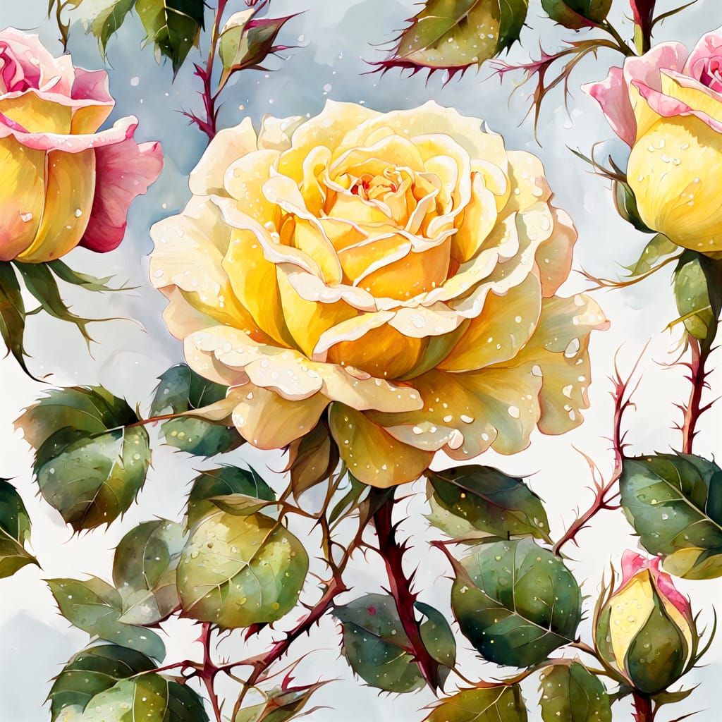 Oil Painting Style Pale Yellow Rose with Pink Hues