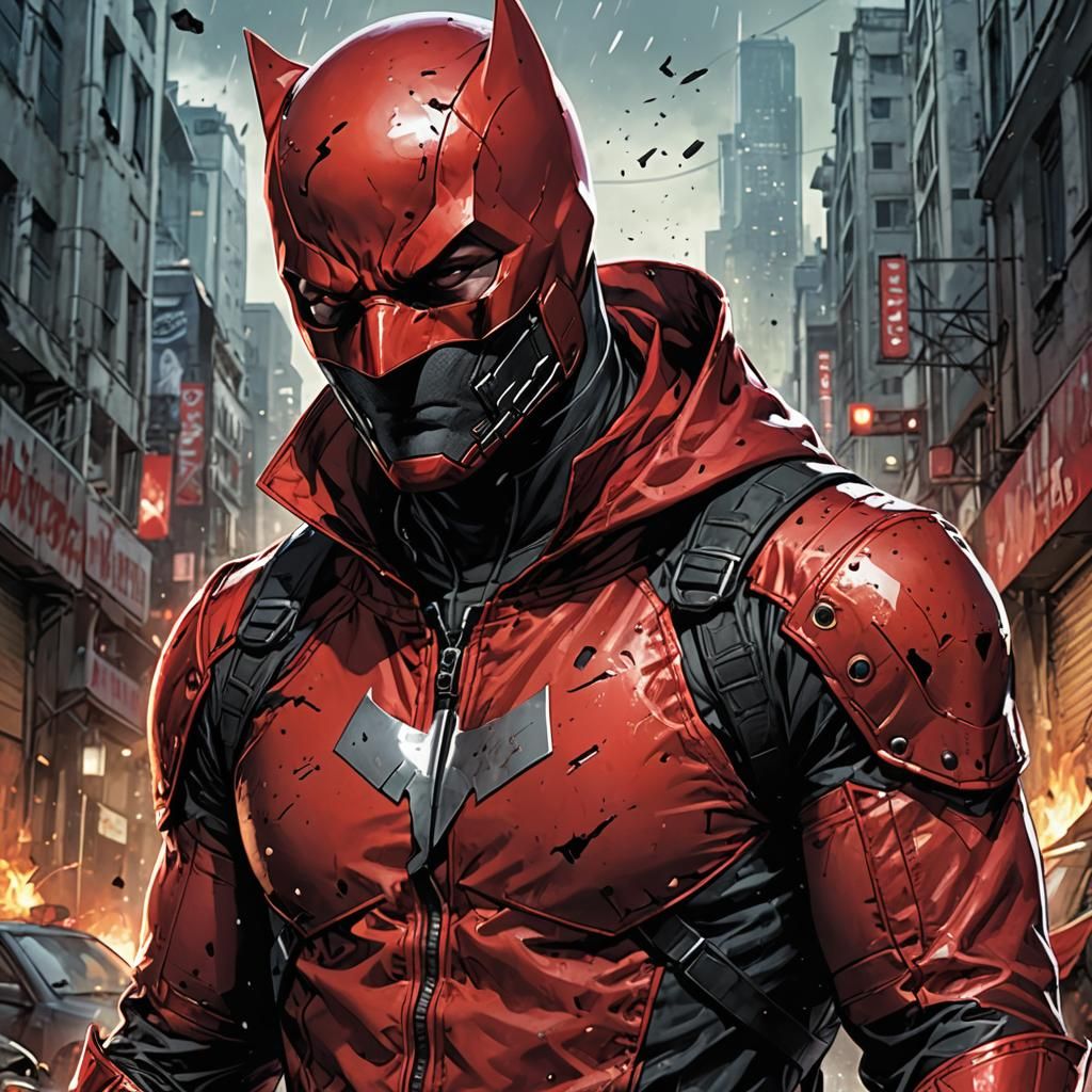 Daredevil-Inspired Hero in Damaged City, French Comic Art