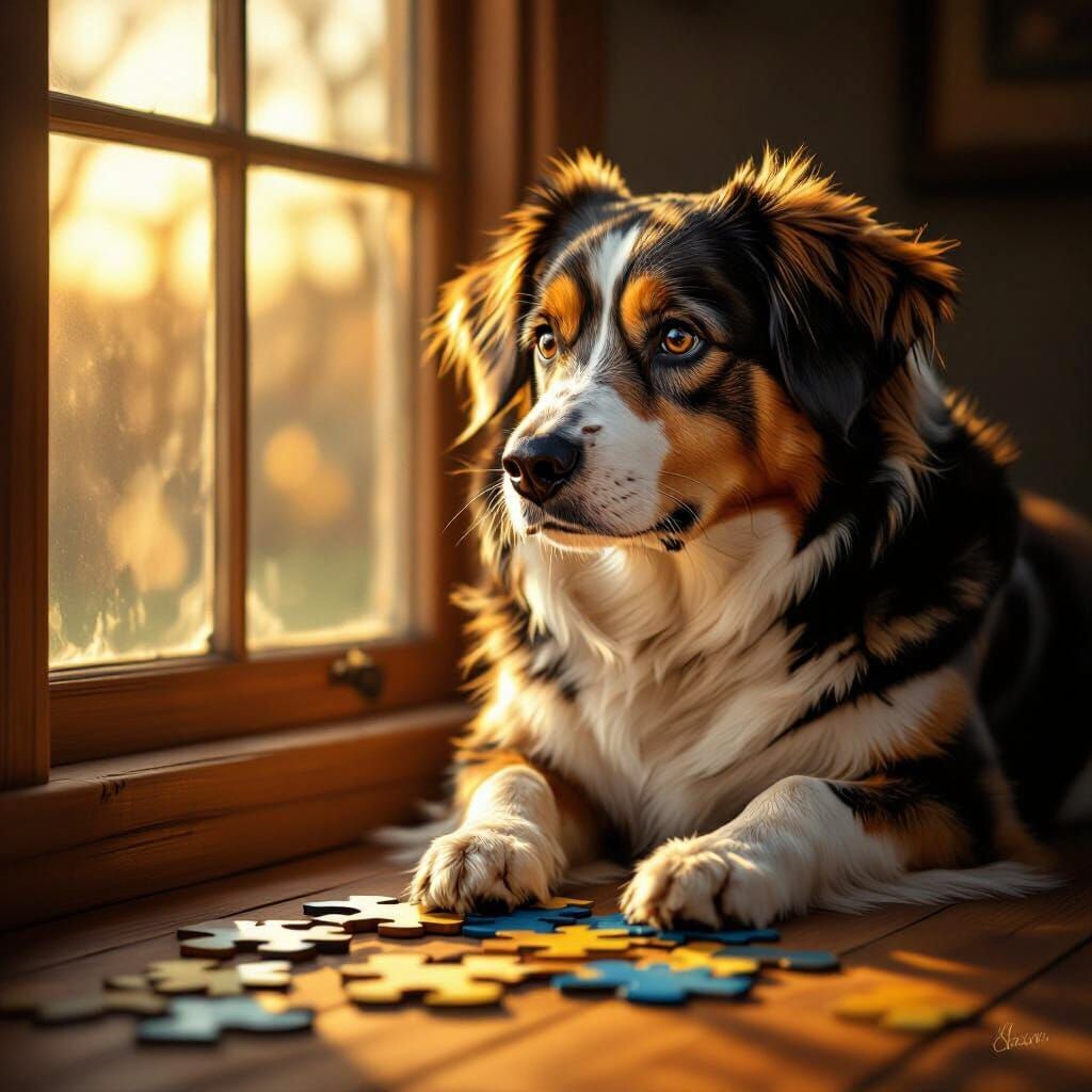 Thoughtful Dog Contemplating a Puzzle in Warm Light
