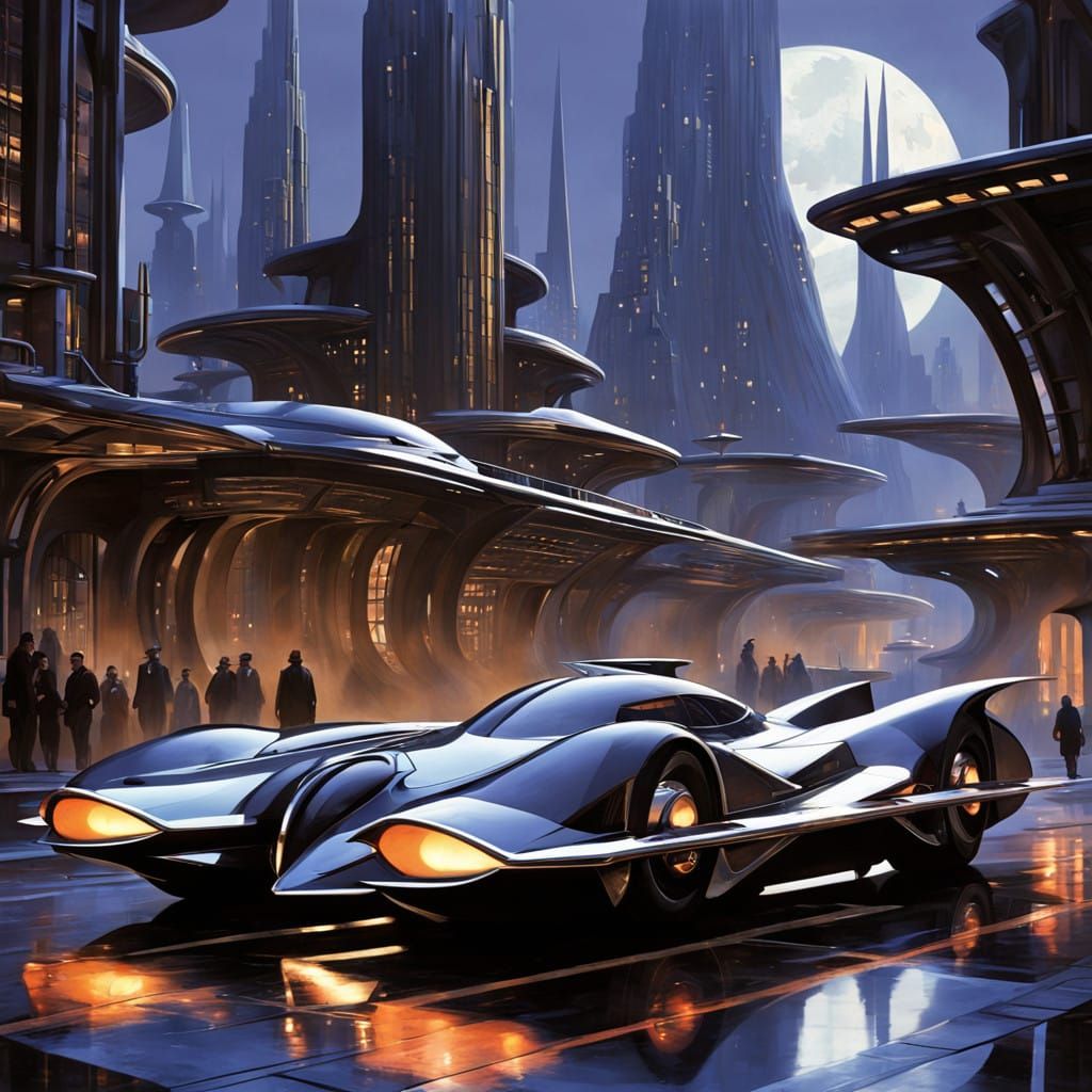Art Deco Futuristic Batmobile in Gotham City at Dusk