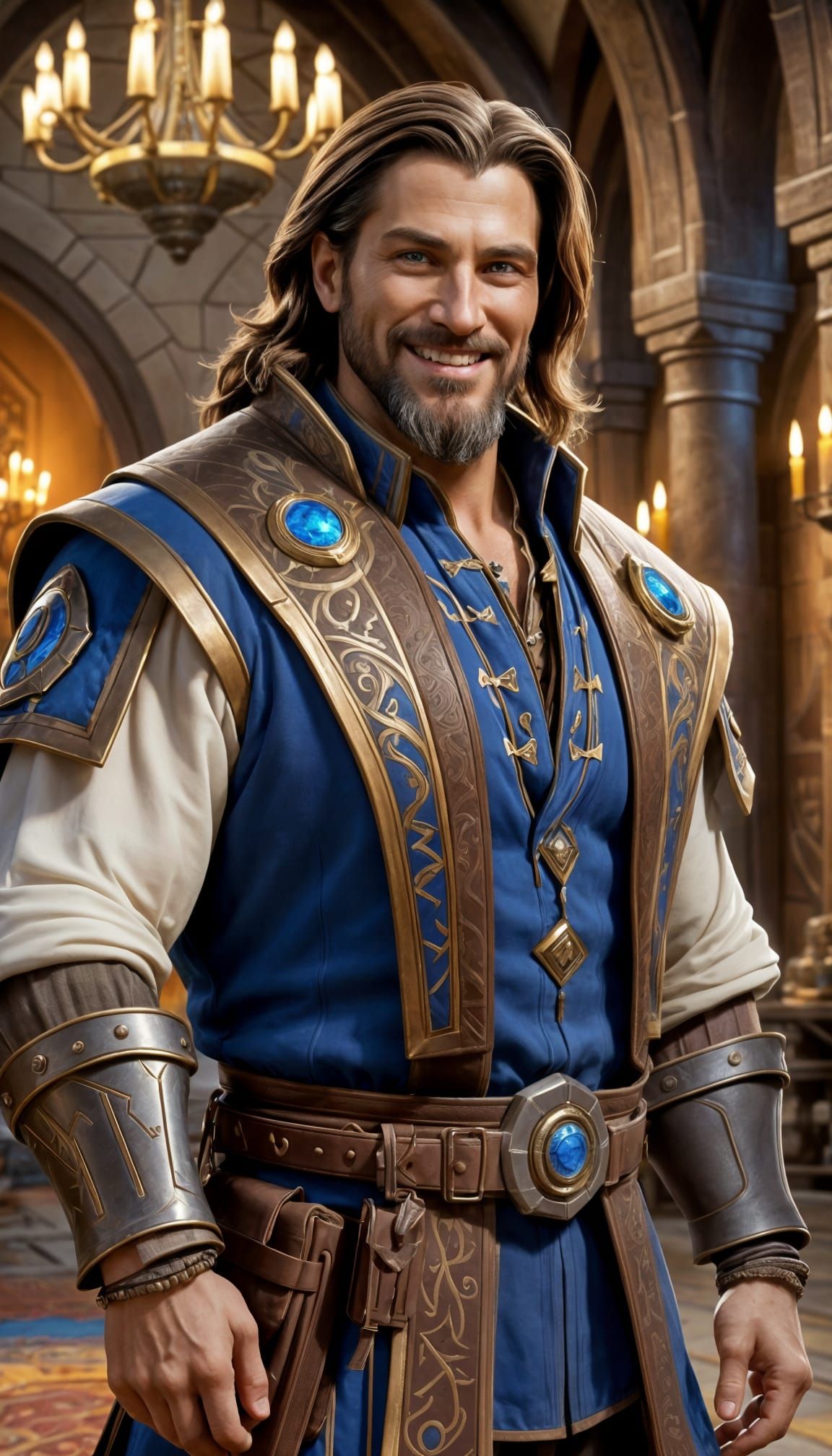 Charismatic Man in Warcraft Style Castle Room