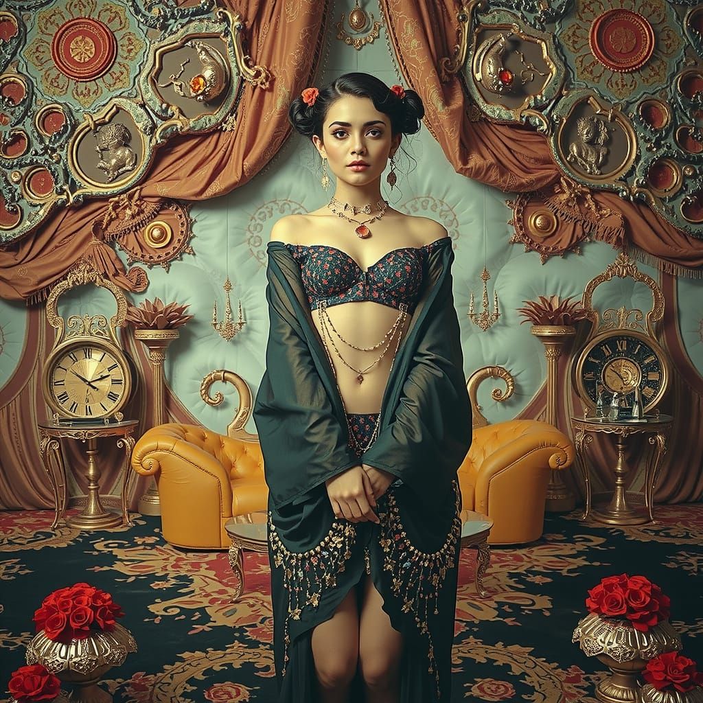 Dreamlike Woman in Surreal, Luxurious Environment