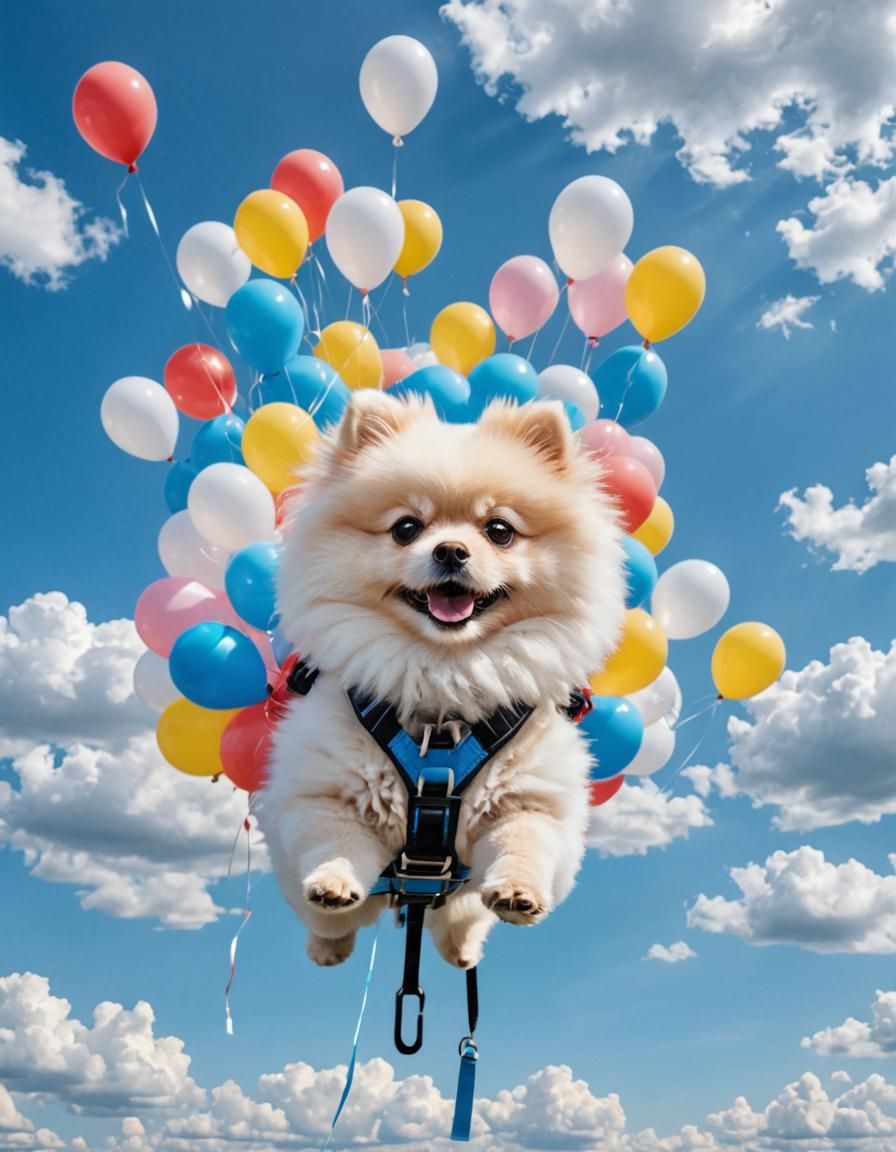 Fluffy Pomeranian Dog Floating with Balloons