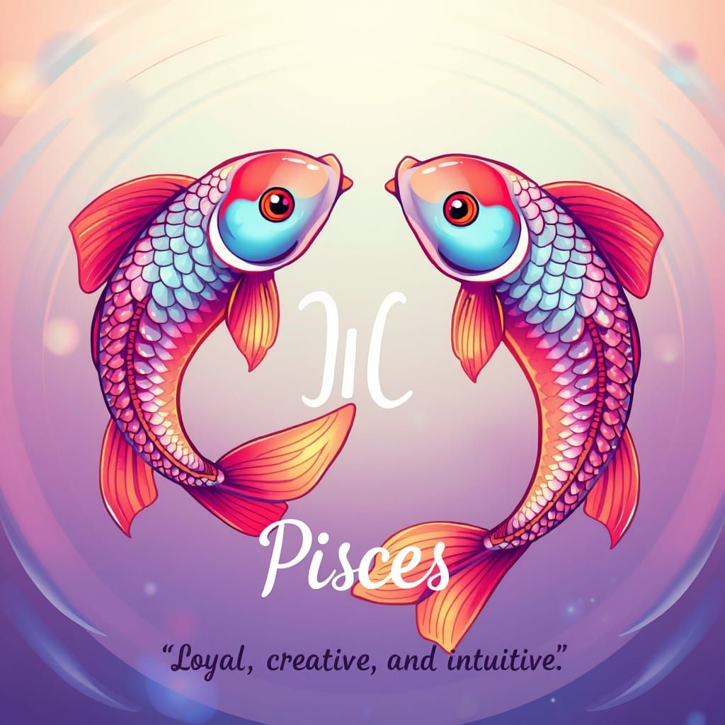 Peaceful Koi Fish Form Pisces Symbol in Whimsical Cartoon Sc...