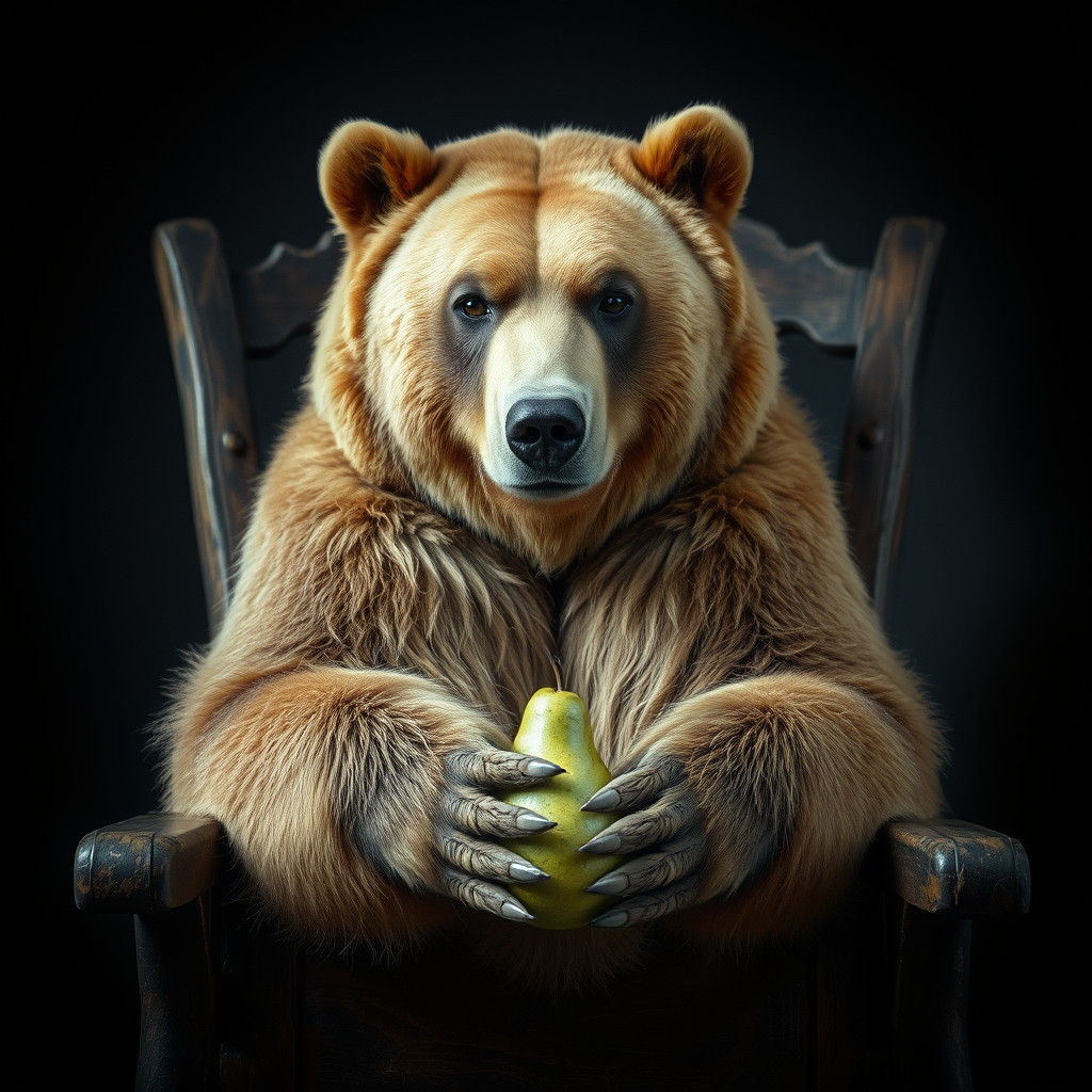 Grizzly Bear with Pear on Chair in Cinematic Style