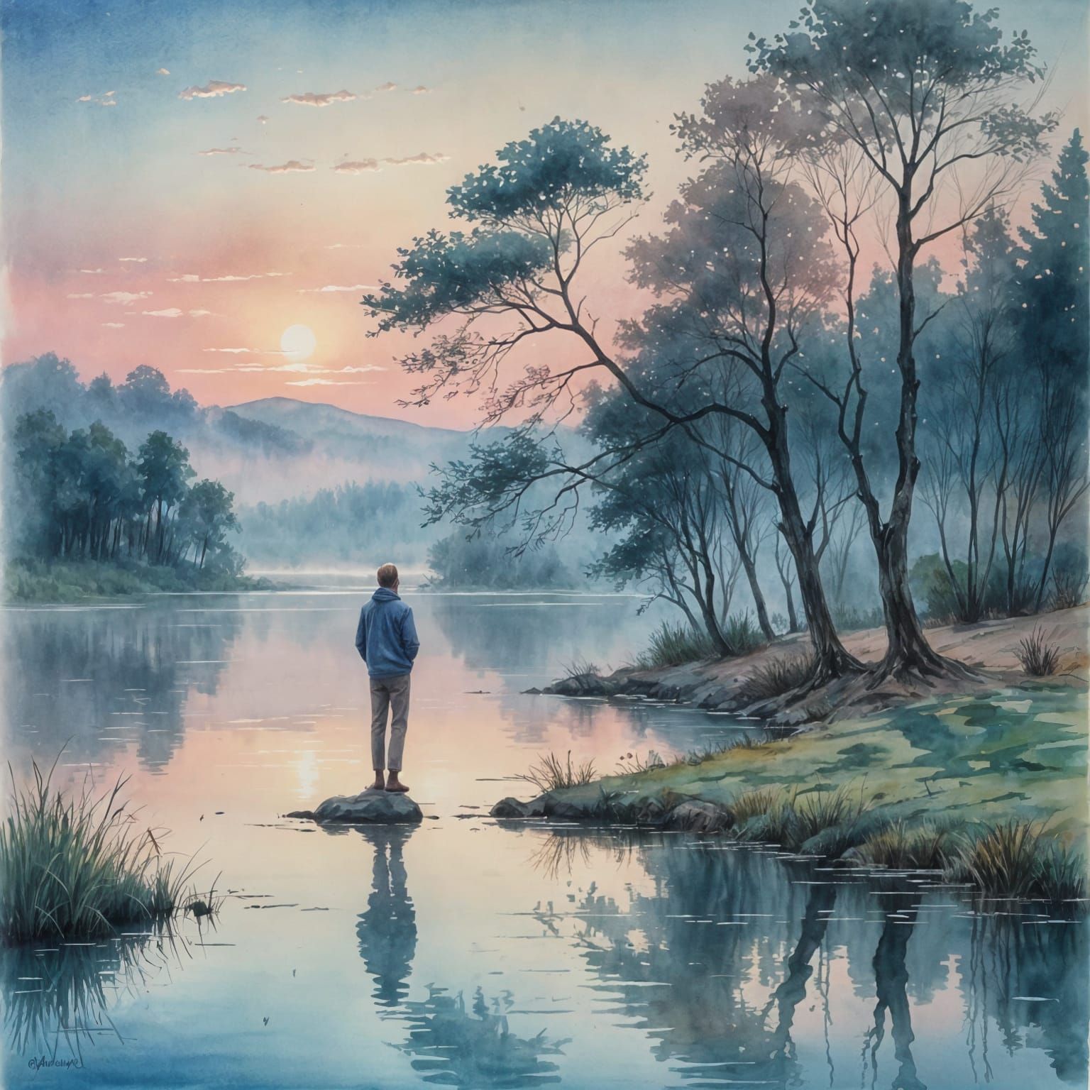 Watercolor Man Contemplates Lake at Dawn