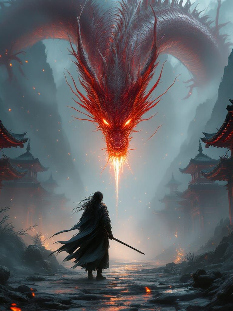 Samurai Faces Colossal Dragon in Mystical Mountain Temple
