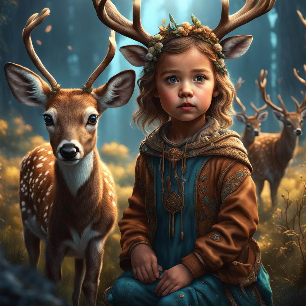 Toddler human girl and deer fawn hybrid