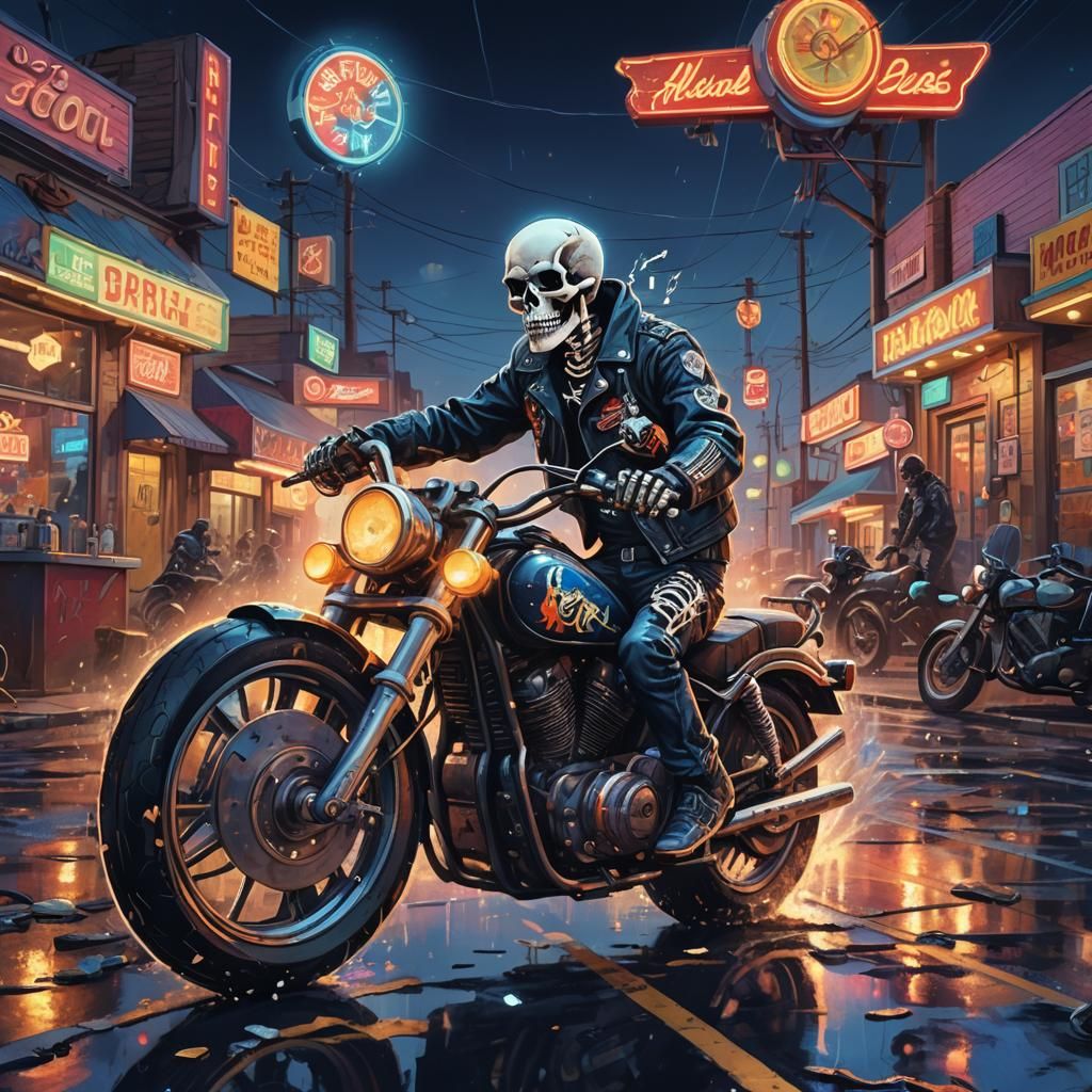 Skeleton Rider in Neon Noir Town