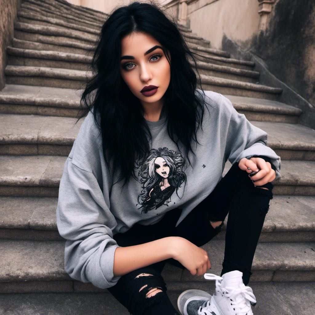 Rock Girl with Black Hair and Ripped Jeans in LORA Style